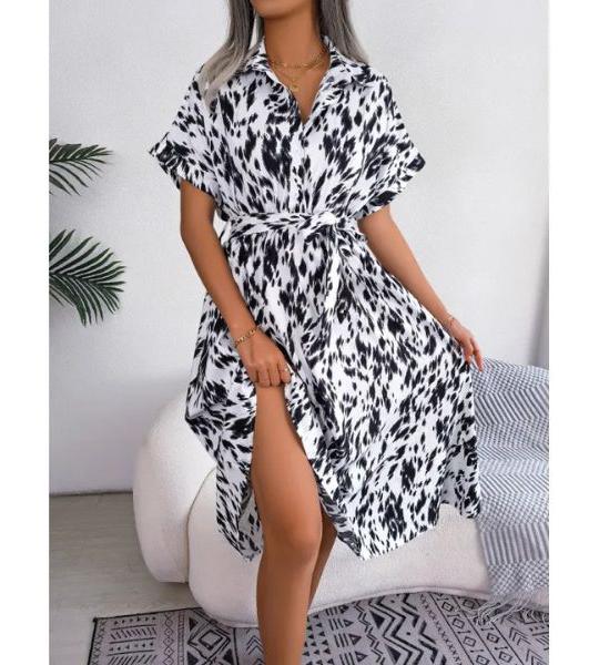 Leisure Loose Leopard Print Lace-up Shirt Dress.